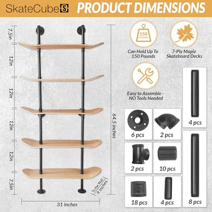 Industrial Pipe Bookcase, 5 Tier Shelf, Natural Wood Stain Finish - size: 5 Tier Shelf
