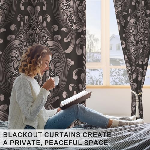 Blackout Curtains 84 Inch Length 2 Panels Set with Tiebacks, Brown Floral Grommet Black Out Curtain for Living Room, Summer Thermal Insulated Soundproof Pattern Darkening Curtains for Girls Bedroom - color: Regal Damask