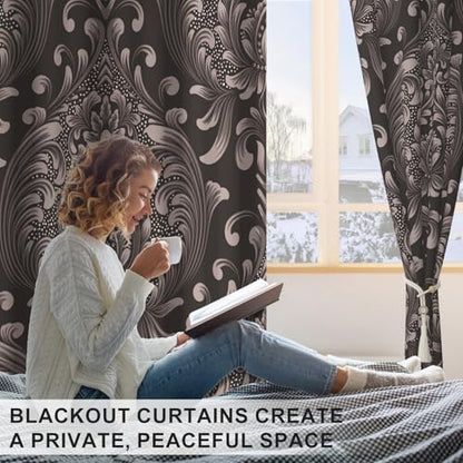 Blackout Curtains 84 Inch Length 2 Panels Set with Tiebacks, Brown Floral Grommet Black Out Curtain for Living Room, Summer Thermal Insulated Soundproof Pattern Darkening Curtains for Girls Bedroom - color: Regal Damask