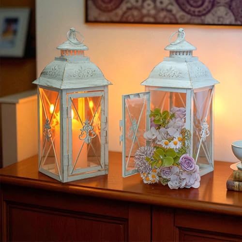 TRIROCKS Set of 2 Vintage Hanging Lantern - 13.5'' Decorative Metal & Tempered Glass Candle Holder - Ideal for Indoor/Outdoor Events, Patio, Garden, Parties White & Gold Brush Finish - color: White, size: Set of 2