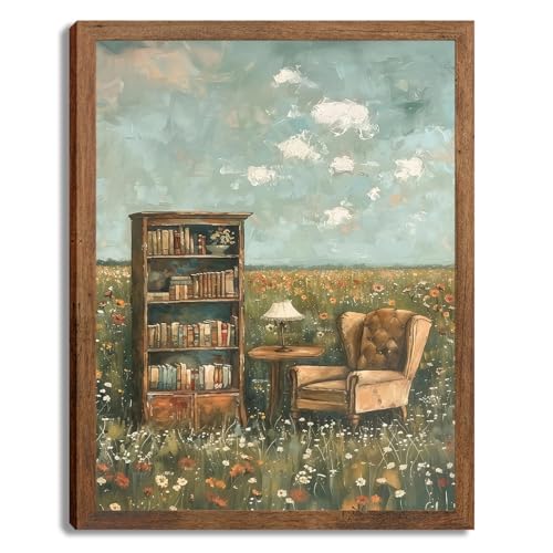 vintage Whimsical french Wall Art cottage core decor Prints Impressionist flower Canvas Oil Paintings Wall Decor book lover Pictures Wall Decor for Bedroom Living Room Home Decor 10x8in Wood Framed - color: Book Landscape, size: 10"L x 8"W