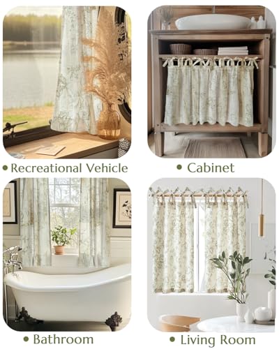 jinchan Green Floral Kitchen Tier Curtains Alice 36 Inches Tie Top 2 Panles - color: Alice Green on Linen, size: 26"W x 36"L (Pack of 2)