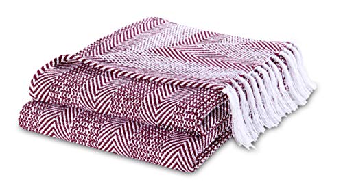 Luxurious Hand Woven Cozy Warm Combed Cotton All Season Indoor Outdoor Light Weight Fade Resistant Couch Chair Bed Throw Blankets Batik 50x60 Inch Set of 2 (Burgundy) - color: Red
