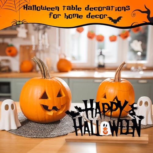 Metal Happy Halloween Sign Halloween Table Decorations with Wooden Base - color: Black