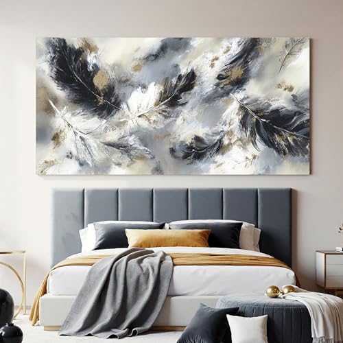YISXINOAG Black White Abstract Wall Art Modern Feather Painting 29"X58" - color: black grey, size: 58"L x 29"W