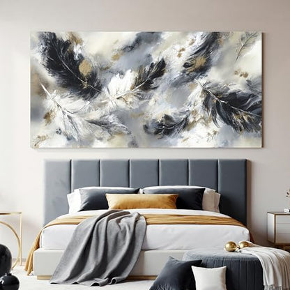 YISXINOAG Black White Abstract Wall Art Modern Feather Painting 29"X58" - color: black grey, size: 58"L x 29"W