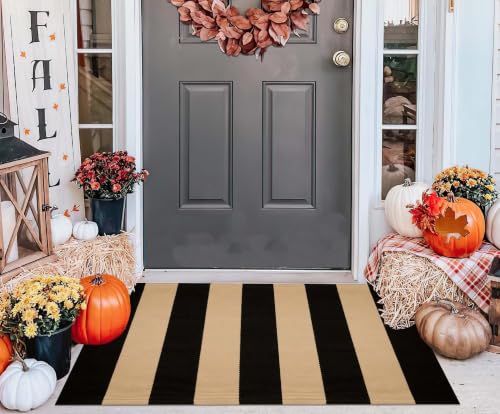 Layered Door Mat 2x3 ft - Striped Farmhouse Washable Outdoor Rug - color: Black Tan, size: 2' x 3' (Rectangular)