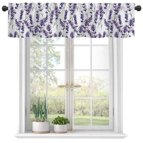 Valances Curtains for Windows, Watercolor Lavender Bunches Semi Sheer Curtain Valances,Rod Pocket Short Window Treatment Light Filtering Decor Valances for Kitchen Living Room Bedroom Windows -42"x12" - color: Purple Lavender, size: 12"W x 42"L (Pack of 1