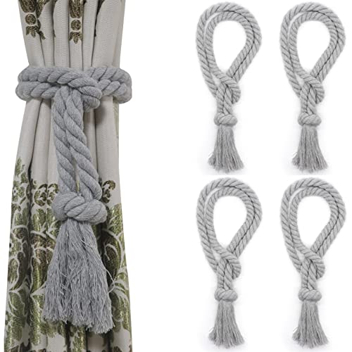 4 Pack Grey Outdoor Curtain tiebacks, Natural Cotton Rope Tieback Decorative Holdbacks Farmhouse Rural Village Style Tassel Drapery Ties - color: Grey Rope-l 4 Pack