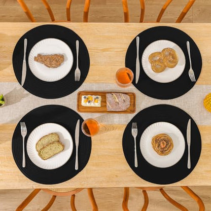 SHACOS Round Braided Placemats Set of 4 Heavy Cotton Polyester Washable Round Table Mats for Dining Tables 15 inch Non Slip Heat Resistant (Black, 4) - color: Black, size: Set of 4