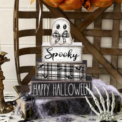 4Pcs Halloween Table Decoration Happy Halloween Ghost Wooden Block Sign - style: Ghost