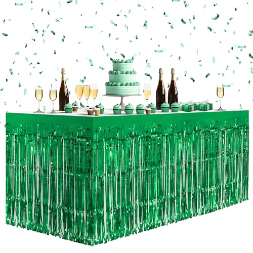 2 Pack Green Table Skirts, 29x108" Metallic Foil Tinsel Fringe Table Skirts for Rectangle Tables Streamer Curtains Backdrop, Party Decorations for Birthdays Weddings Holidays - color: Green