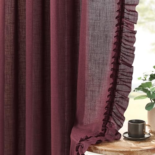 Burgundy Farmhouse Curtains for Bedroom Shabby Chic 47 x 54 Inch 2 Panels - color: Burgundy, size: 47"W x 54"L (Pack of 2)