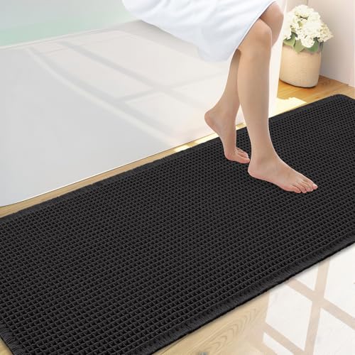 Smiry Waffle Bath Mat 59X20, Extra Soft Absorbent Bathroom Rugs, Black - color: Black, size: 59'' X 20''