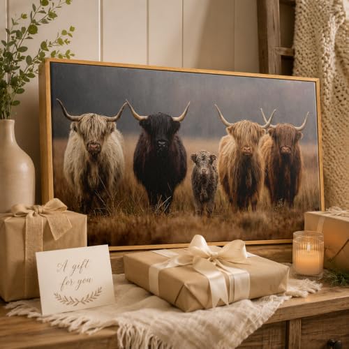 Framed Highland Cow Family Farmhouse Canvas Wall Art 24x48 Inch - color: Highland Cow, size: 48"L x 24"W