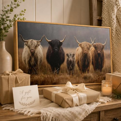 Framed Highland Cow Family Farmhouse Canvas Wall Art 24x48 Inch - color: Highland Cow, size: 48"L x 24"W