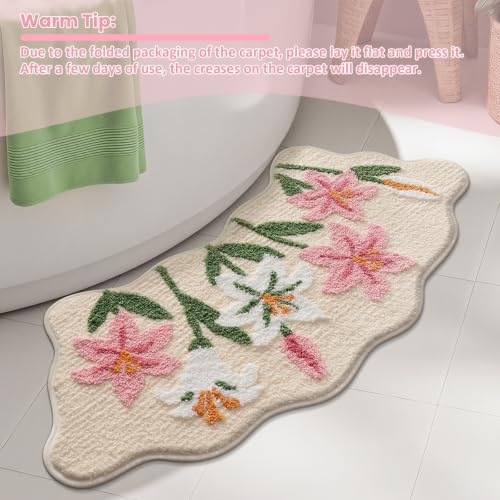 Cloud-Shaped Lily Bath Mat, Soft Non-Slip Fluffy Fresh Flowers Bathroom Rug, Ultra Absorbent Microfiber Shaggy Door Mat, Machine Washable Bath Rug Carpet for Bathtub Bedroom 18x39 Inch (Pink Lily S) - color: Pink Lily S