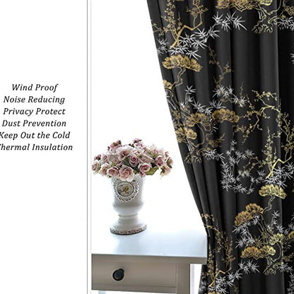 Cool Japanese Curtains,Modern Black Gold Japanese Chinese Pine Pattern Window Drapes Thermal Insulated Grommet Blackout Curtains for Bedroom 2 Panels 54L x 21W - color: Cool Japanese, size: 42"W x 54"L (Pack of 1)