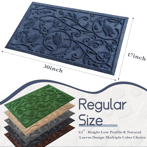 Boho Blue Floral Leaves Outdoor Indoor Entrance Doormats, Absorbent Durable Heavy Duty Welcome Front Door Mat,Thick Natural Rubber Back,Easy Clean Entryway Mat 17x30 Inch, Low Profile - color: Tulip-blue, size: 1'5" x 2'6" (Rectangular)