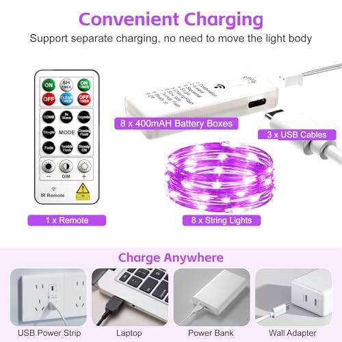 8 Pack Rechargeable LED Fairy Lights 7Ft 20LED Battery Operated - color: Purple
