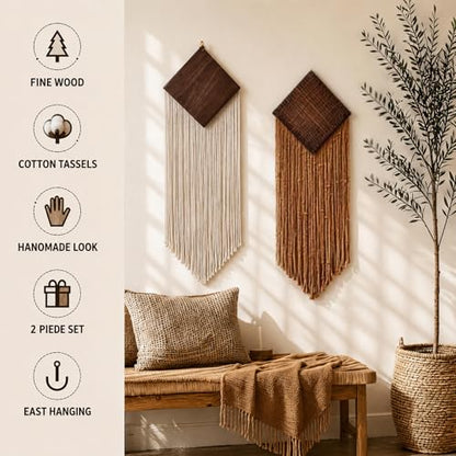 wall Art Decor, Macrame wall Hanging, 2 Pcs Boho Woven Tassel Home Decor for Living Room Bedroom Apartment, Handmade Bohemian Accent34.25" × 11.03"