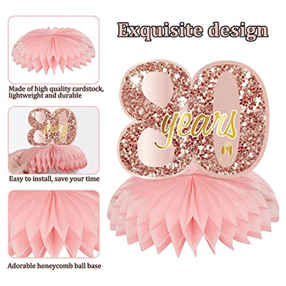 Turypaty Pink Rose Gold 80th Birthday Honeycomb Centerpieces Decorations for Women, 9Pcs Happy 80th Birthday Table Centerpieces Party Supplies, Eightieth Year Old Birthday Table Toppers Decor - style: Pink Rose Gold 80th