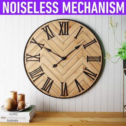 Large Wall Clock 24" Round, Silent Metal & Wood with Big 3D Roman Numerals - color: Brown