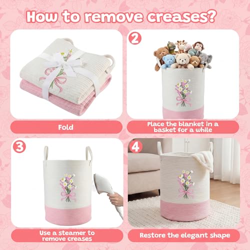 Honeydak Pink Bow Cotton Rope Laundry Basket Hamper, Flower - style: Flower