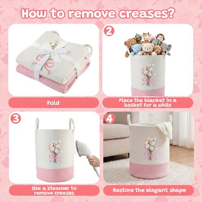 Honeydak Pink Bow Cotton Rope Laundry Basket Hamper, Flower - style: Flower