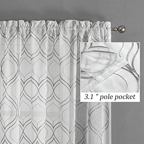 VISIONTEX White Sheer Curtains Grey Moroccan Embroidered 54 Inch Length - color: Moroccan-grey, size: 54"W x 54"L (Pack of 2)