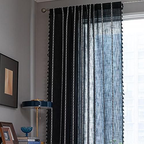 Sutuo Home Boho Curtains for Bedroom Dining Room Kitchen, Semi Blackout Linen Farmhouse Shabby Chic Tassels Window Treatment Bohemian Embroidery Drape, Rod Pocket 1 Panel 52" W x 63" L, Black - color: Black Stripes, size: 52"W x 63"L (Pack of 1)