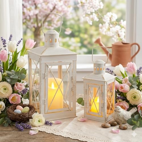 TRIROCKS Set of 2 Decorative Candle Lantern 12'' & 8'' High Metal Candle Holder Hanging Lantern Perfect for Home Decor Patio Living Room Parties Events Tabletop Indoors Outdoors (White) - color: White