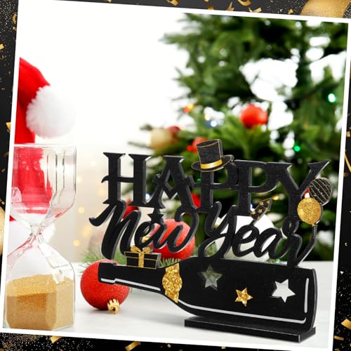 Amyhill 2026 Happy New Year Wood Sign Wooden Black Gold Glitter Tabletop Decorations 2026 Table Centerpiece for New Year Eve Party Supplies Home Decorations - style: Happy New Year
