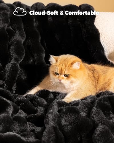 Ultra Soft Cozy Faux Fur Throw Blanket, Fuzzy Plush Thick Bubble Blanket, Luxury Fluffy Blanket for Couch, Sofa, Bedroom, and Living Room, 50x60 Inches, Black - color: Black, size: Throw(50" X 60")