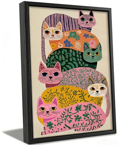Framed Colorful Cat Wall Art, Whimsical Cat Canvas Prints, Abstract Cartoon Animal Wall Decor, Funny Cat Poster Artwork for Boho Living Room Bedroom Kids Room, 8x10in - color: Colorful Cat, size: 10"Lx8"W