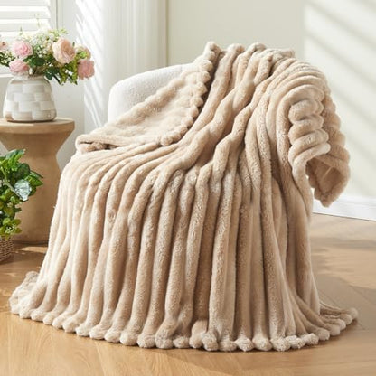 NEWCOSPLAY Fleece Ribbed Cozy Throw Blanket for Couch, Brown, 50"x60" - color: Brown Ribbed, size: Throw(50"x60")