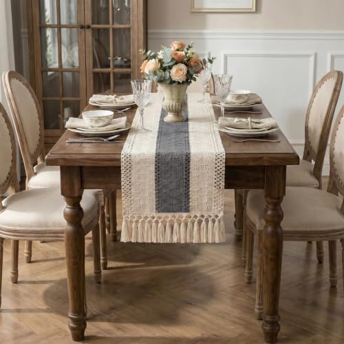 Boho Macrame Table Runner with Tassels 72in Grey Farmhouse Runner - color: White & Grey, size: 12'' x 72''