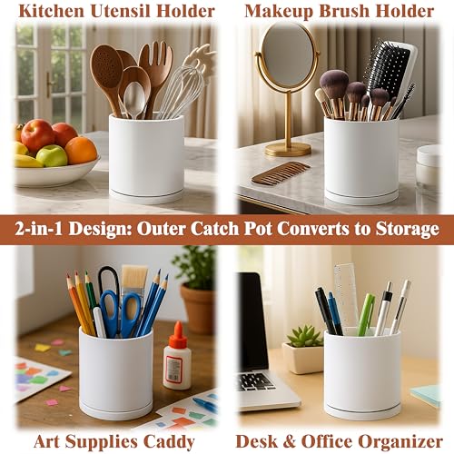 D'vine Dev Double-Layer Planter Set – Rotating Plastic Cachepot with Clear Inner Liner for Root Health, Perfect for Indoor Plants, 6.5", White, 73-U-A-2