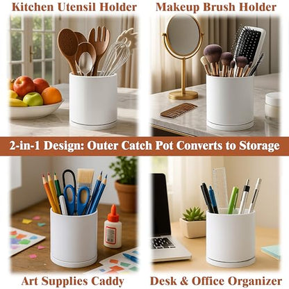 D'vine Dev Double-Layer Planter Set – Rotating Plastic Cachepot with Clear Inner Liner for Root Health, Perfect for Indoor Plants, 6.5", White, 73-U-A-2