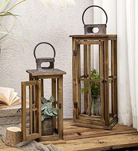 TIMRIS Large Farmhouse Wooden Metal Lantern Set of 2, Rustic Decorative Floor Candle Lanterns, Vintage Distressed Hanging Lanterns for Home Décor (No Glass) - color: Brown
