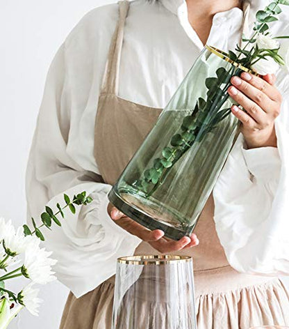 Green Glass Flower Vase with Gold Mouth for Centerpieces Home Wedding Decoration (1, Small) - size: Small