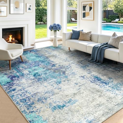 Washable Area Rug Living Room Rugs 8X10 - Neutral Modern Abstract Rugs Soft Carpet with Non Slip Backing for Under Dining Room Table, Bedroom, Home, Office, Light Blue - color: Light Blue/Gray, size: 8' x 10' (Rectangular)
