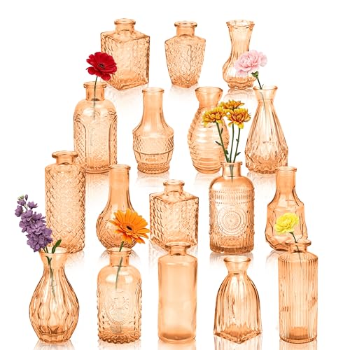 Glass Bud Vases in Bulk Small Mini Amber Vase for Flowers 17pc - color: Amber