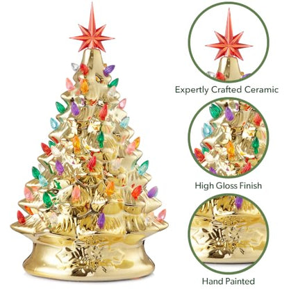 Casafield Hand Painted Ceramic Christmas Tree, Gold 15-Inch Pre-Lit Tree with 128 Multi Color Lights and 2 Star Toppers - color: Gold