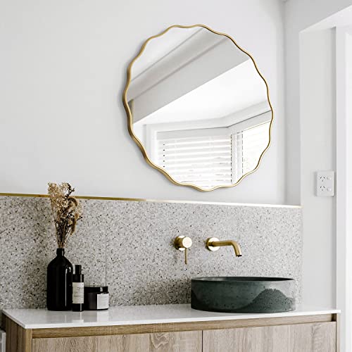 20" Gold Scalloped Mirror,Round Wavy Edge Mirror,Circle Wood Vanity Mirror
