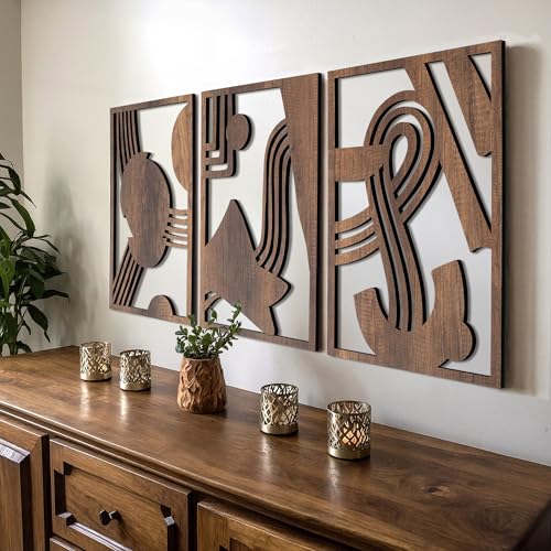 qmmp Modern Wooden Wall Sculptures - Set of 3 - Home Decor Accent - Large Wall Art for Living Room, Bedroom, Office - Easy Installation (Walnut, Large - Abstract Shapes) - color: Walnut, size: Large - Abstract Shapes
