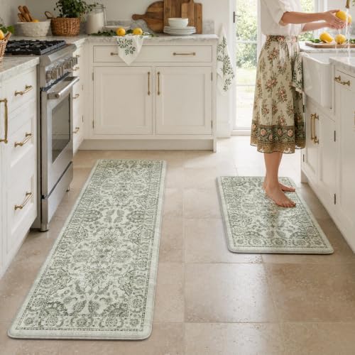 KIMODE Kitchen Mats for Floor Cushioned Anti Fatigue Kitchen Rugs Sets of 2 - color: Sage Green, size: 20"x59"+20"x32"--0.47 inches