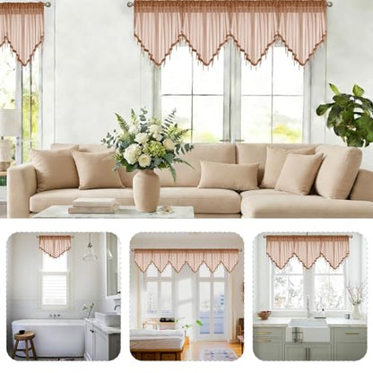 WUBODTI Brown Beaded Sheer Valance Curtains for Kitchen 3PCs, Rod Pocket Boho Crystal Beads Tassel Lace Swag Curtains Farmhouse Sheer Window Valance for Living Room Bedroom Bathroom, Each W51 x L24 - color: Brown