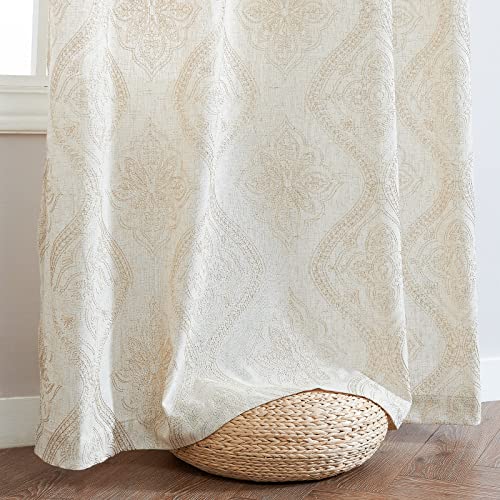 jinchan Boho Floral Linen Curtains 84 Inch Beige on Ecru Grommet 2 Panels - color: Damask Beige, size: 50"W x 84"L (Pack of 2)