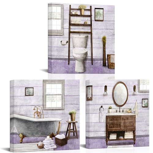Visual Art Decor Bathroom wall Art Farmhouse Bathroom Decor Painting, Framed Canvas Wall Art 12x12inchx3Pieces (Lavender) - color: Lavender